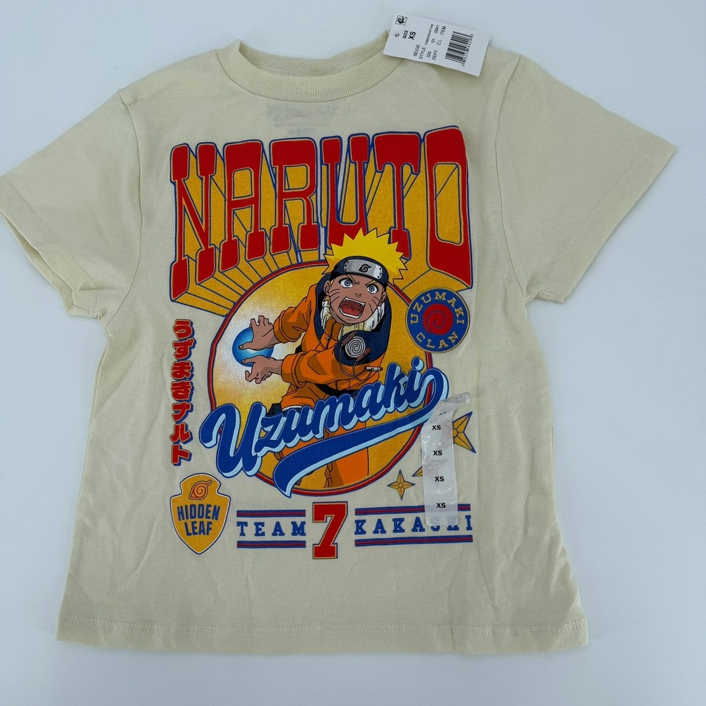 Naruto Graphic Tee Uzumaki Team 7 Kakashi Modern Kids Unisex Size XS Beige Cream